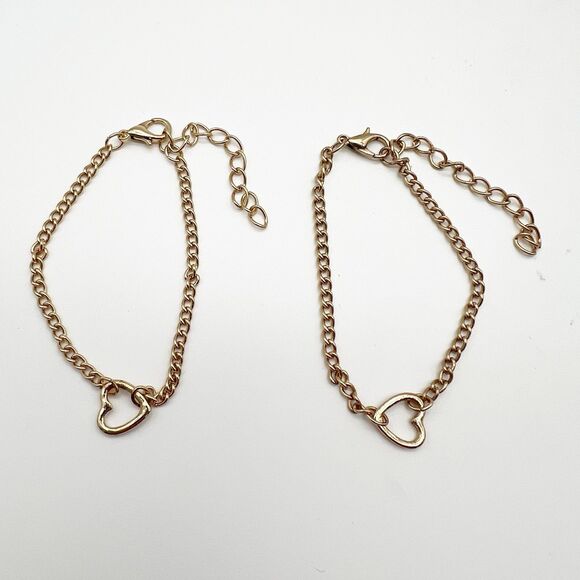 Set Of 2 Children’s Gold Tone Heart Link Adjustable Cable Chain Bracelets - Picture 1 of 4